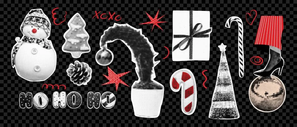 Christmas halftone style collage elements with funky doodle shapes. Snowman,  Stock Illustration