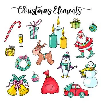 Christmas Hand Drawn Elements. Winter flowers and jingle bells.. Stockillustratie