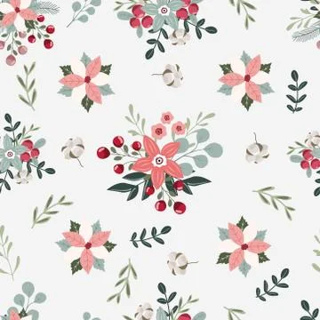 Christmas hand drawn seamless vector pattern with flowers. Stock Illustration