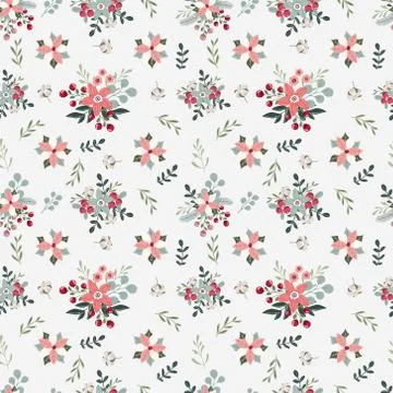Christmas hand drawn seamless vector pattern with flowers. Stock Illustration