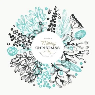 Christmas hand drawn vector greeting card template. Vintage style illustratio Stock Illustration