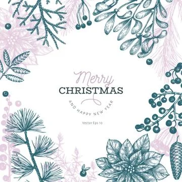 Christmas hand drawn vector greeting card template. Vintage style illustratio Stock Illustration