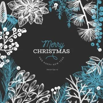 Christmas hand drawn vector greeting card template. Vintage style illustratio Stock Illustration