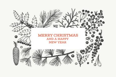 Christmas hand drawn vector greeting card template. Vintage style illustratio Stock Illustration