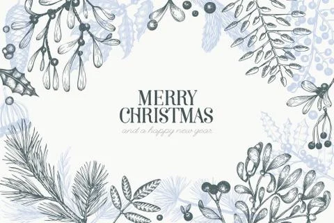 Christmas hand drawn vector greeting card template. Vintage style illustratio Stock Illustration