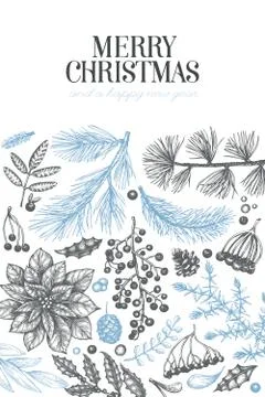 Christmas hand drawn vector greeting card template. Vintage style illustratio Stock Illustration