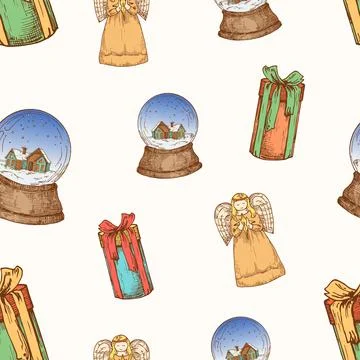 Christmas Hand Drawn Vector Seamless Background Pattern. Angels, Gift Boxes with 스톡 일러스트
