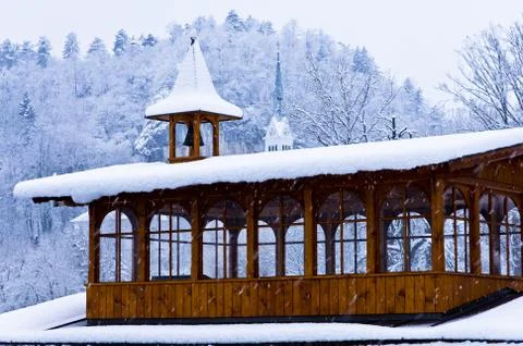 Christmas with a heavy snow and church bells near the lake Bled, slovenian alps Stock Photos