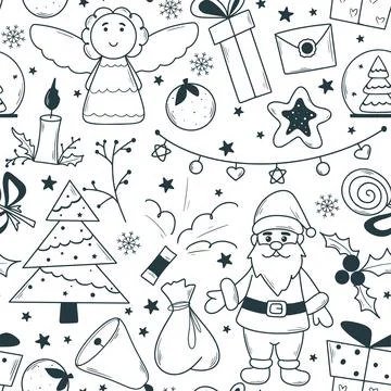 Christmas holiday attributes seamless pattern doodle sketch style Stock Illustration