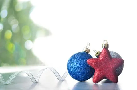Christmas Holiday Background decorated with baubles, light garland. Christmas Stock Photos