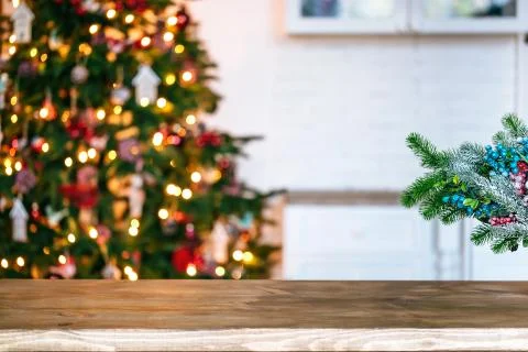 Christmas holiday background with empty rustic table Stock Photos