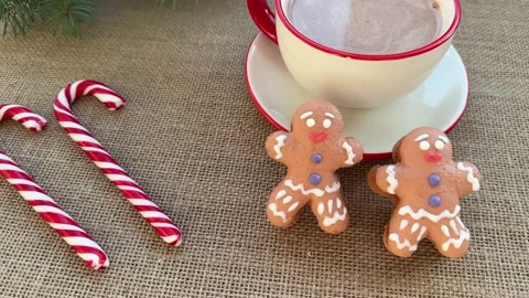 Christmas Holiday background with gingerbread cookies, hot chocolate and candy Stock Footage 224924267