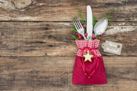 Christmas holiday background with table setting and decoration on wood Stock Photos