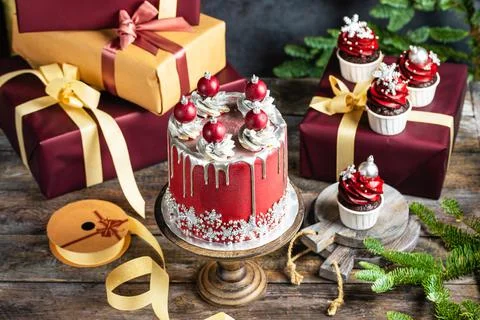 Christmas holiday cake decorated with sweet balls and snowflakes Stock Photos