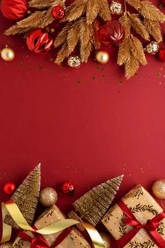 Christmas holiday composition creating festive red background with ornaments Stock Photos