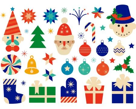 Christmas holiday decorations and elements: Santa Claus, snowman, Christmas 스톡 일러스트