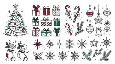 Christmas Holiday Decorative Elements Collection with Trees Gifts and Ornaments Stock Illustration