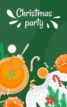 Christmas holiday dinner. Flat lay with pumpkin pie, oranges, fir branches an 스톡 일러스트