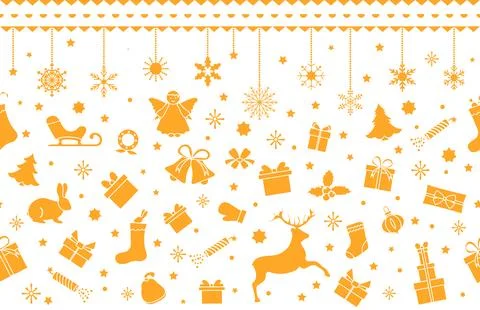 Christmas holiday elements pattern background with gifts, ornaments, and sn.. Stockillustratie