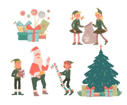 Christmas holiday elements set with Santa and elves flat vector illustration. Stock Illustration