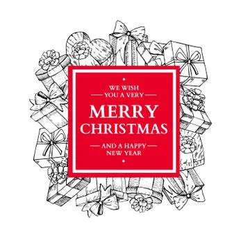 Christmas holiday frame with gift boxes and bow. Hand drawn vect Stock Illustration