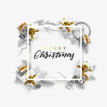 Christmas holiday frame with Xmas decorative realistic objects. Festive new y イラスト素材