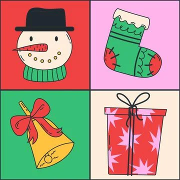 Christmas holiday icon elements with geometric seamless pattern. Vector illus Stock Illustration