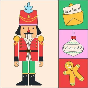 Christmas holiday icon set with Nutcracker. Vector illustration. Modern sty.. Stock Illustration