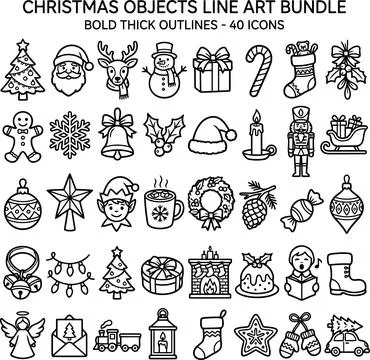 Christmas Holiday Objects Line Art Bundle Featuring Festive Decorations and.. Illustrazione stock