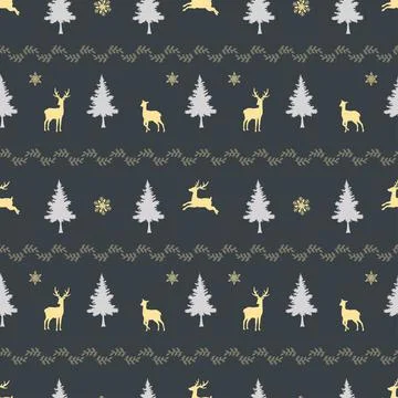 Christmas holiday seamless pattern with deer family on dark brown background, Stock Illustration