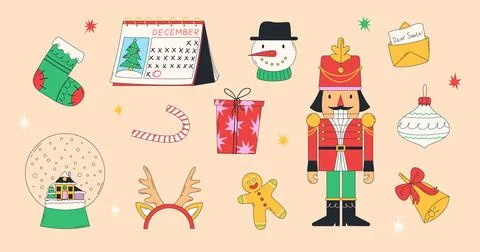 Christmas holiday traditional elements with geometric seamless pattern. Vecto Stock Illustration