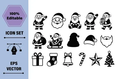 Christmas Holiday Vector Icon Set Featuring Santa Claus and Festive Decoratio 库存插图