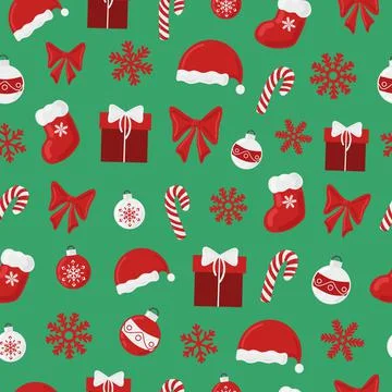 Christmas holiday vector seamless pattern colorful elements on green Stock Illustration