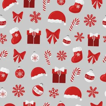 Christmas holiday vector seamless pattern colorful elements on gray Stock Illustration