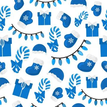 Christmas holiday vector seamless pattern blue elements on white Stock Illustration