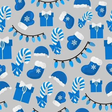 Christmas holiday vector seamless pattern blue elements on gray Stock Illustration