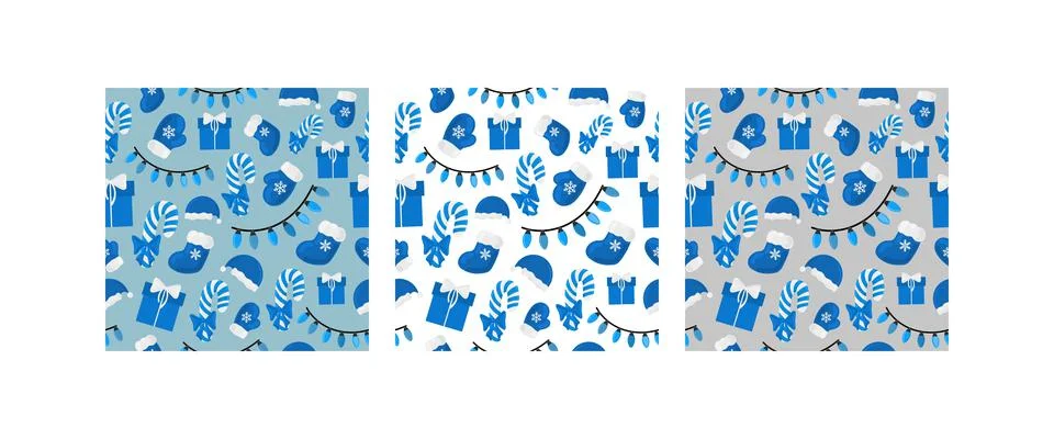 Christmas holiday vector seamless pattern blue background collection Stock Illustration