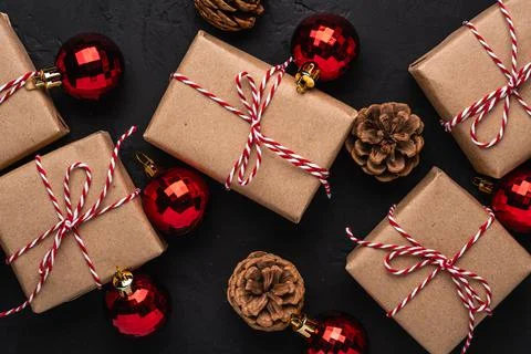 Christmas holidays composition. Gift boxes, red ornament Stock Photos
