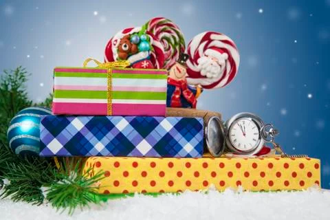 Christmas holidays composition on light background. Five minutes to celebrati Stock Photos