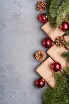 Christmas holidays composition. Red ornament and bauble decorations. Stock Photos