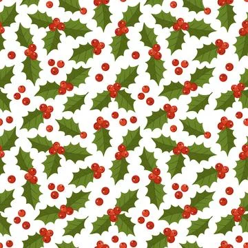 Christmas Holly Berry Seamless Pattern Hand Drawn Vector Background 스톡 일러스트