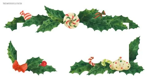 Christmas holly border with candy cane and lollipop and zefir, traced waterco Stock Illustration