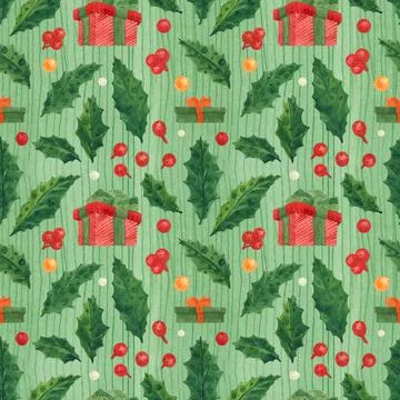 Christmas Holly green pattern with gift box, traced watercolor Stock Illustration