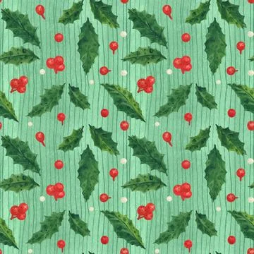 Christmas Holly green red pattern, traced watercolor Stock Illustration