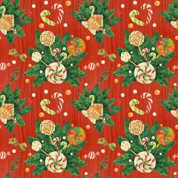 Christmas Holly red pattern with candy cane and lollipop bouquet, traced wate Stock Illustration