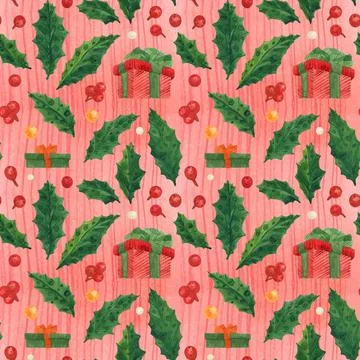 Christmas Holly red pattern with gift box, traced watercolor Stock Illustration