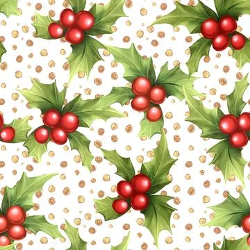 Christmas Holly seamless pattern on white background Stock Illustration