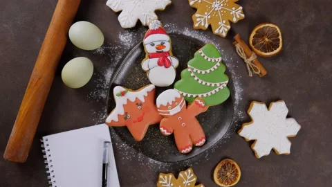 Christmas homemade gingerbread cookies on a wooden background. Christmas homemad Stock Footage