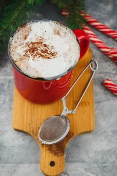 Christmas with hot chocolate, spices, candy cane, fir tree and cookies. Stock Photos