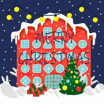Christmas house with different windows, christmas tree vector illustration. C Stock Illustration
